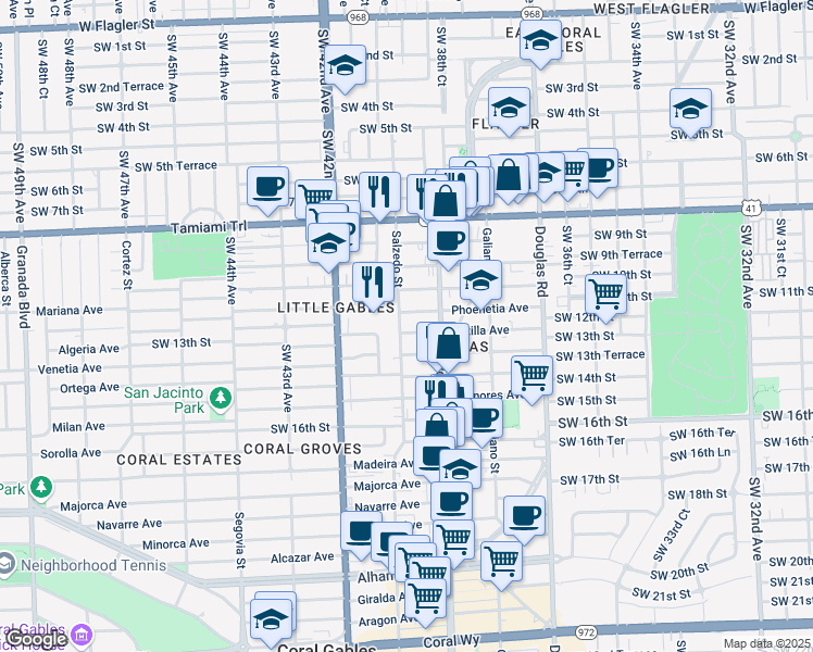 map of restaurants, bars, coffee shops, grocery stores, and more near 234 Phoenetia Avenue in Coral Gables