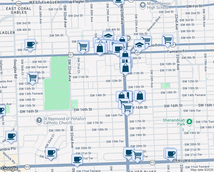 map of restaurants, bars, coffee shops, grocery stores, and more near 1202 Southwest 29th Avenue in Miami