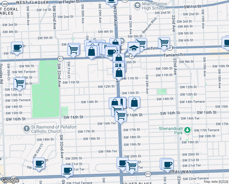 map of restaurants, bars, coffee shops, grocery stores, and more near 2731 Southwest 13th Street in Miami