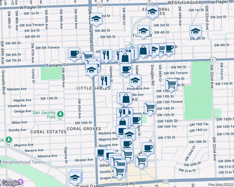 map of restaurants, bars, coffee shops, grocery stores, and more near 223 Antilla Avenue in Coral Gables