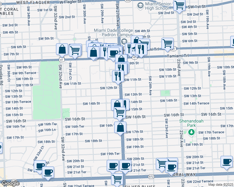 map of restaurants, bars, coffee shops, grocery stores, and more near 2731 Southwest 13th Street in Miami