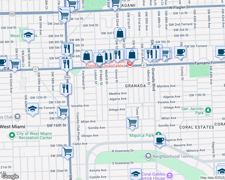 map of restaurants, bars, coffee shops, grocery stores, and more near 1252 Mariana Avenue in Coral Gables