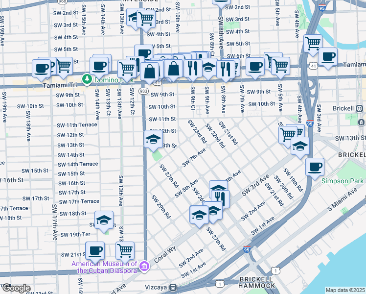 map of restaurants, bars, coffee shops, grocery stores, and more near 2450 Southwest 9th Avenue in Miami