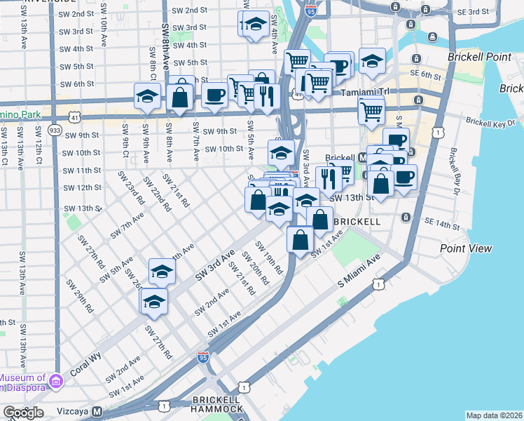 map of restaurants, bars, coffee shops, grocery stores, and more near 351 Southwest 18th Terrace in Miami