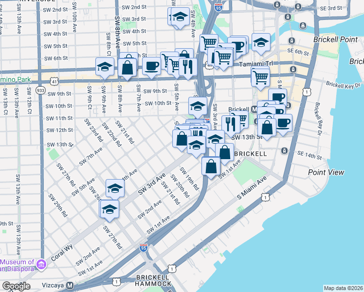 map of restaurants, bars, coffee shops, grocery stores, and more near 351 Southwest 18th Terrace in Miami