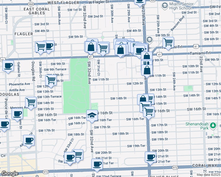 map of restaurants, bars, coffee shops, grocery stores, and more near 1221 Southwest 30th Place in Miami