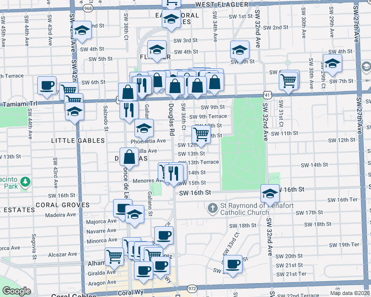 map of restaurants, bars, coffee shops, grocery stores, and more near 3670 Southwest 12th Street in Miami