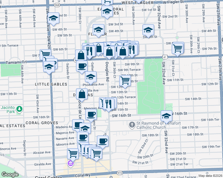 map of restaurants, bars, coffee shops, grocery stores, and more near 3670 Southwest 12th Street in Miami