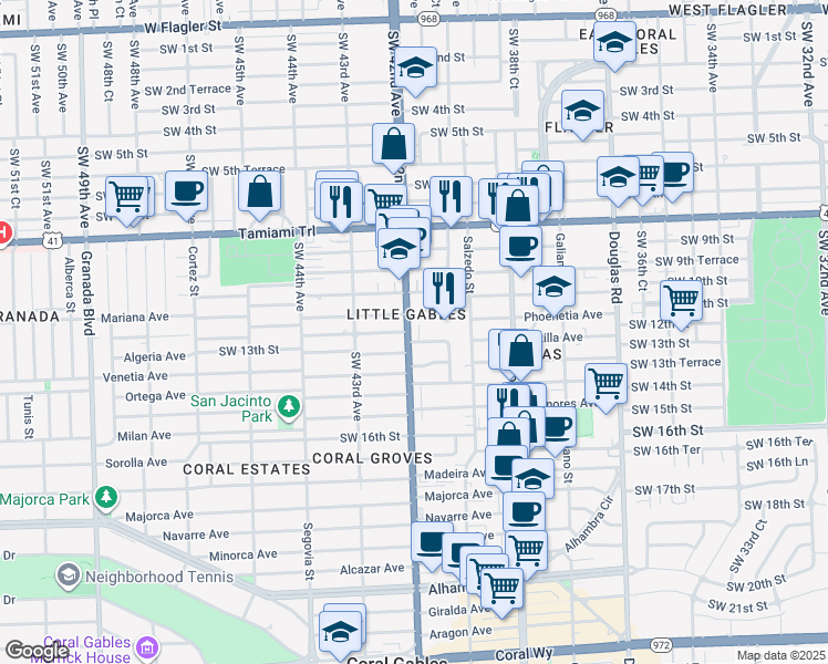 map of restaurants, bars, coffee shops, grocery stores, and more near in Little Gables