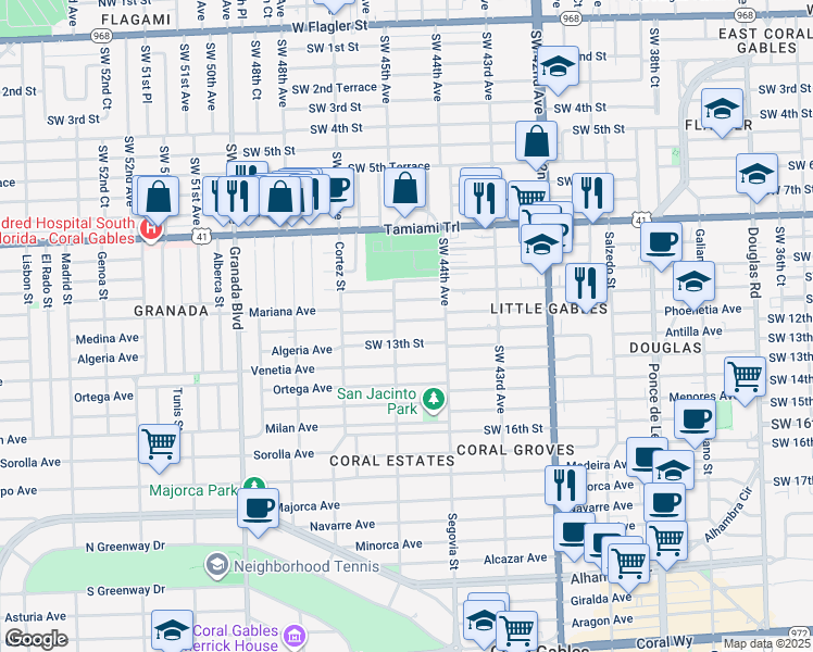 map of restaurants, bars, coffee shops, grocery stores, and more near 4600 Southwest 11th Street in Coral Gables