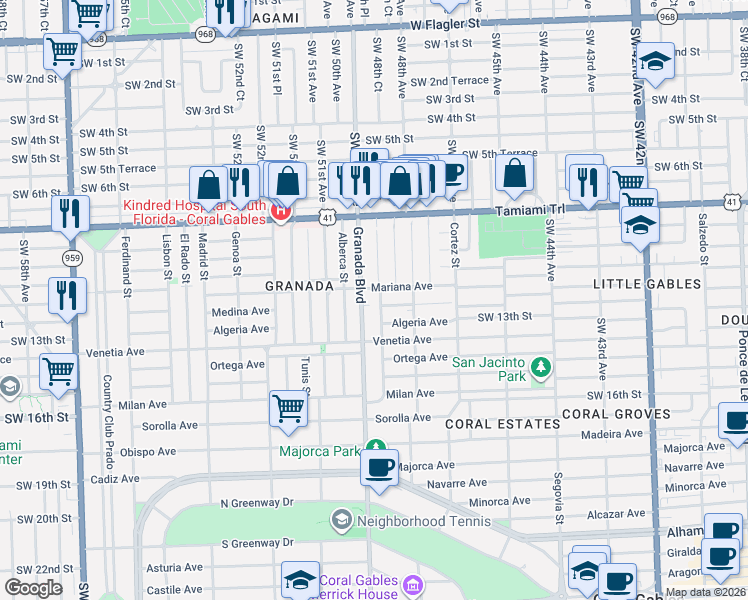 map of restaurants, bars, coffee shops, grocery stores, and more near 1100 Granada Boulevard in Coral Gables