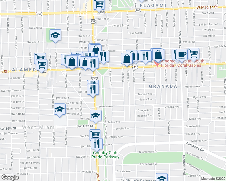 map of restaurants, bars, coffee shops, grocery stores, and more near 1420 San Benito Avenue in Coral Gables