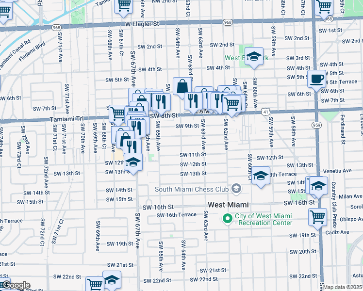 map of restaurants, bars, coffee shops, grocery stores, and more near 6375 Southwest 10th Terrace in West Miami