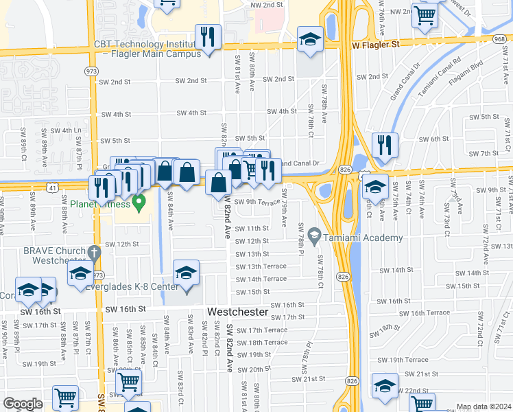 map of restaurants, bars, coffee shops, grocery stores, and more near 8033 Southwest 9th Terrace in Miami