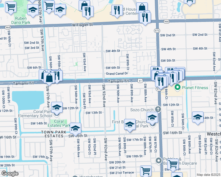 map of restaurants, bars, coffee shops, grocery stores, and more near 9032 Southwest 8th Terrace in Miami