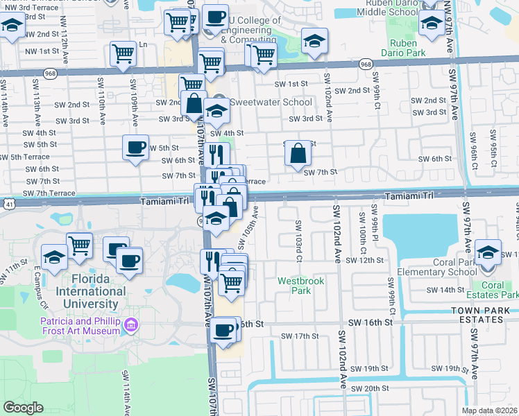 map of restaurants, bars, coffee shops, grocery stores, and more near 810 Southwest 105th Avenue in Miami