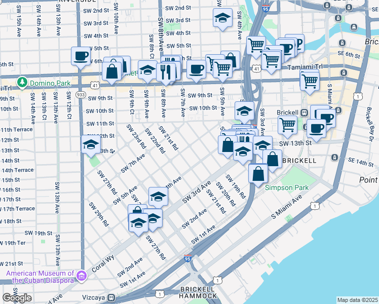 map of restaurants, bars, coffee shops, grocery stores, and more near 456 Southwest 20th Road in Miami