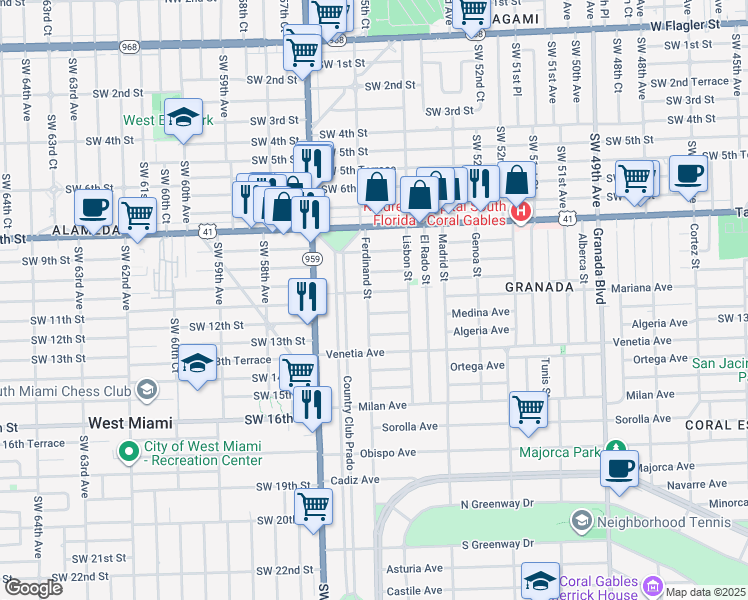 map of restaurants, bars, coffee shops, grocery stores, and more near 1420 San Benito Avenue in Coral Gables