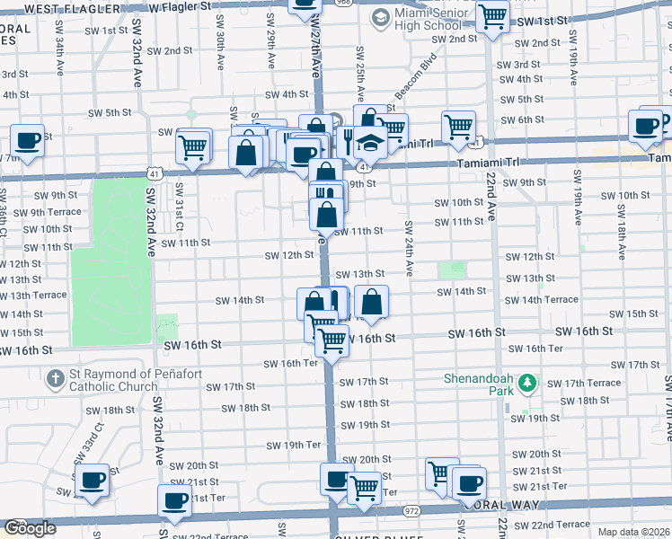 map of restaurants, bars, coffee shops, grocery stores, and more near 2615 Southwest 13th Street in Miami