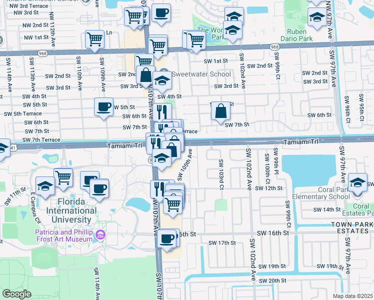 map of restaurants, bars, coffee shops, grocery stores, and more near 810 Southwest 105th Avenue in Miami