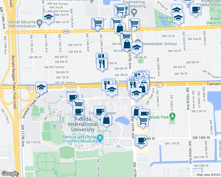 map of restaurants, bars, coffee shops, grocery stores, and more near 800 Southwest 108th Avenue in Miami