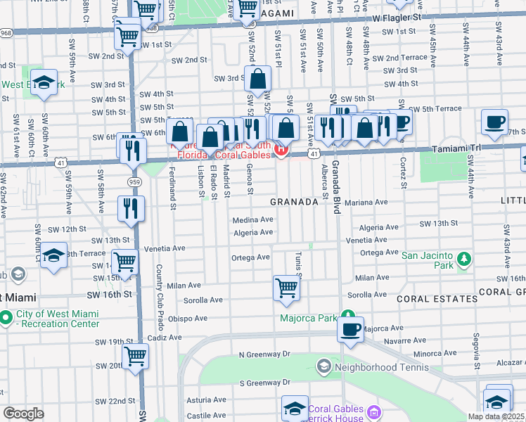 map of restaurants, bars, coffee shops, grocery stores, and more near 1220 Mariana Avenue in Coral Gables