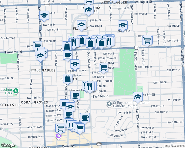 map of restaurants, bars, coffee shops, grocery stores, and more near 3670 Southwest 12th Street in Miami