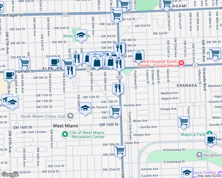 map of restaurants, bars, coffee shops, grocery stores, and more near 5751 Southwest 11th Street in West Miami
