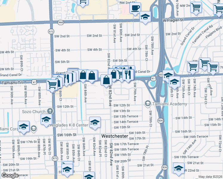 map of restaurants, bars, coffee shops, grocery stores, and more near 923 Southwest 82nd Avenue in Miami