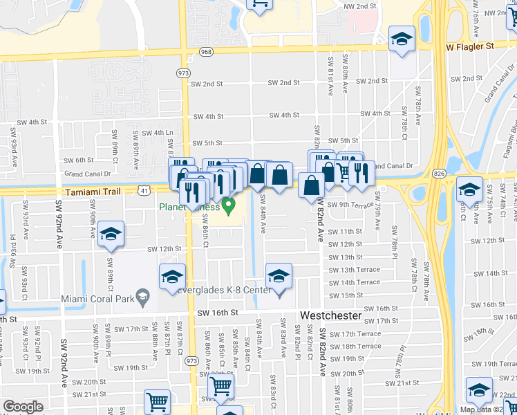 map of restaurants, bars, coffee shops, grocery stores, and more near 8430 Southwest 8th Street in Miami