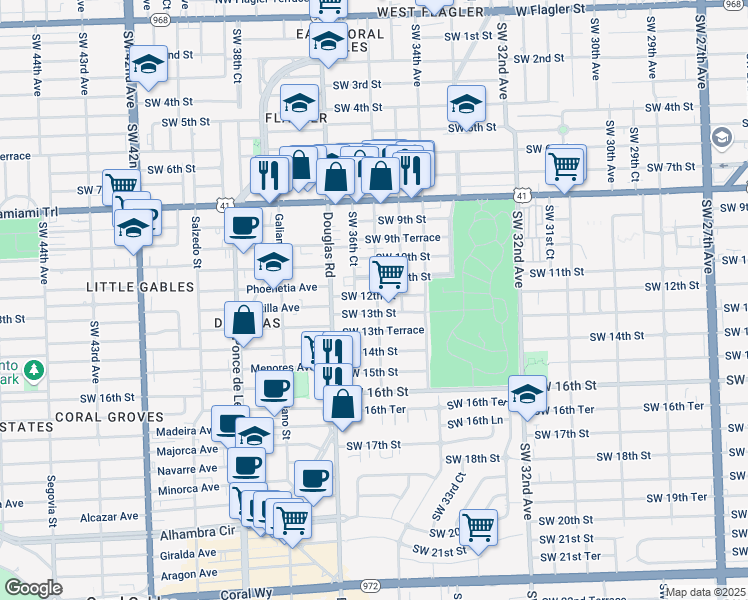 map of restaurants, bars, coffee shops, grocery stores, and more near 1204 Southwest 36th Avenue in Miami