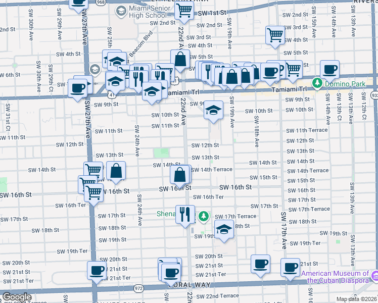map of restaurants, bars, coffee shops, grocery stores, and more near 1203 Southwest 22nd Avenue in Miami