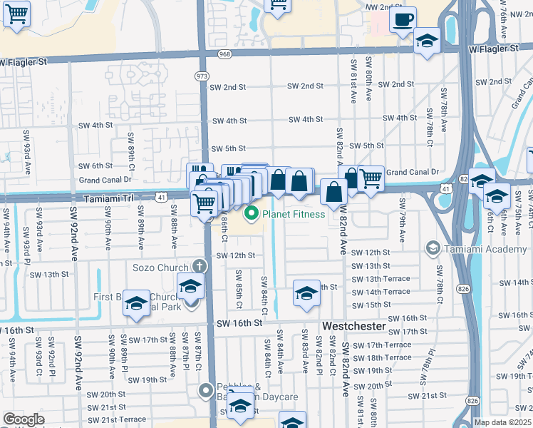 map of restaurants, bars, coffee shops, grocery stores, and more near 8430 Southwest 8th Street in Miami