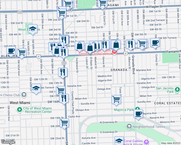 map of restaurants, bars, coffee shops, grocery stores, and more near 1100 El Rado Street in Coral Gables