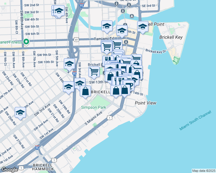 map of restaurants, bars, coffee shops, grocery stores, and more near in Miami