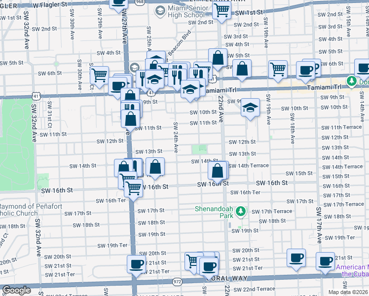 map of restaurants, bars, coffee shops, grocery stores, and more near 1200 Southwest 23rd Court in Miami