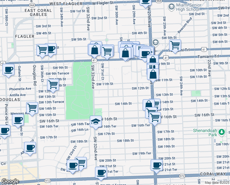 map of restaurants, bars, coffee shops, grocery stores, and more near 1221 Southwest 30th Place in Miami