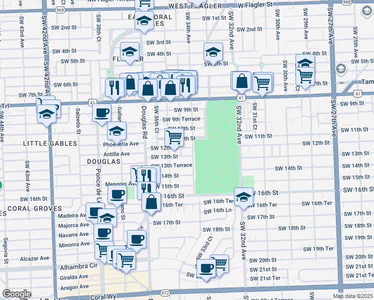 map of restaurants, bars, coffee shops, grocery stores, and more near 3434 Southwest 12th Street in Miami