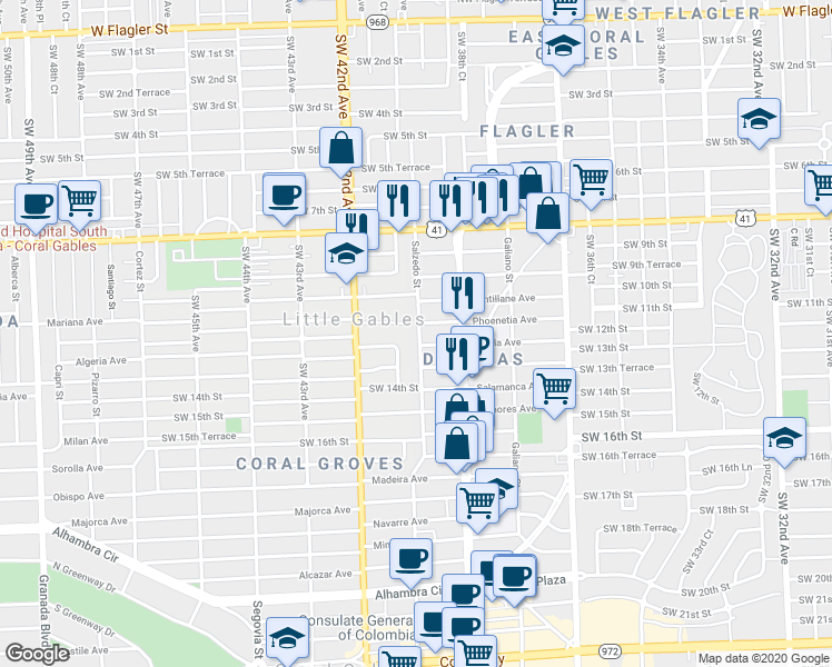 map of restaurants, bars, coffee shops, grocery stores, and more near 234 Phoenetia Avenue in Coral Gables