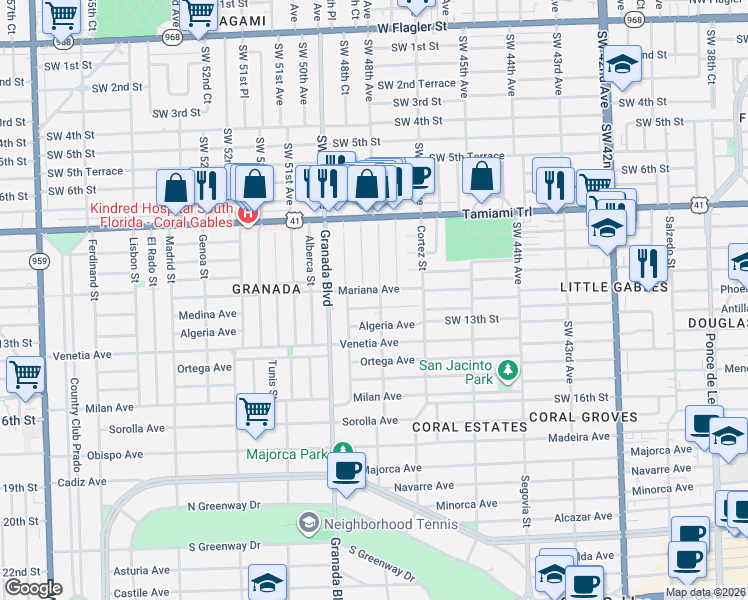 map of restaurants, bars, coffee shops, grocery stores, and more near 916 Mariana Avenue in Coral Gables
