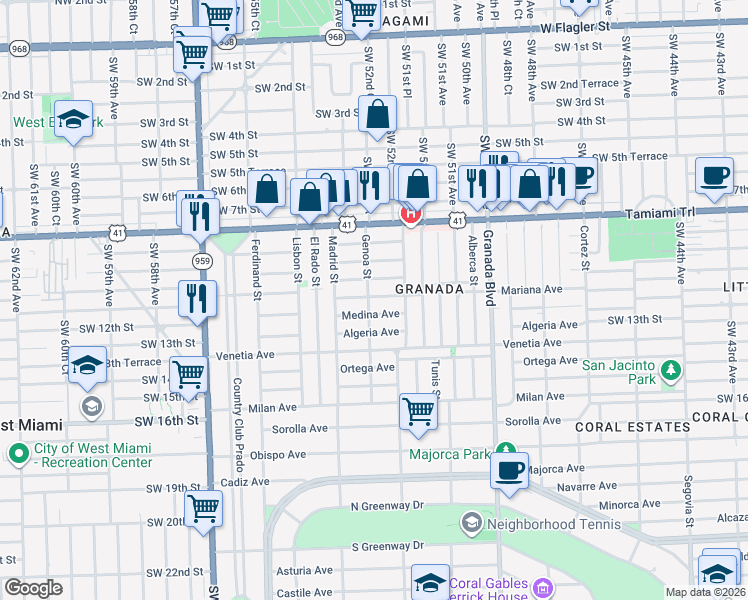 map of restaurants, bars, coffee shops, grocery stores, and more near 1220 Mariana Avenue in Coral Gables