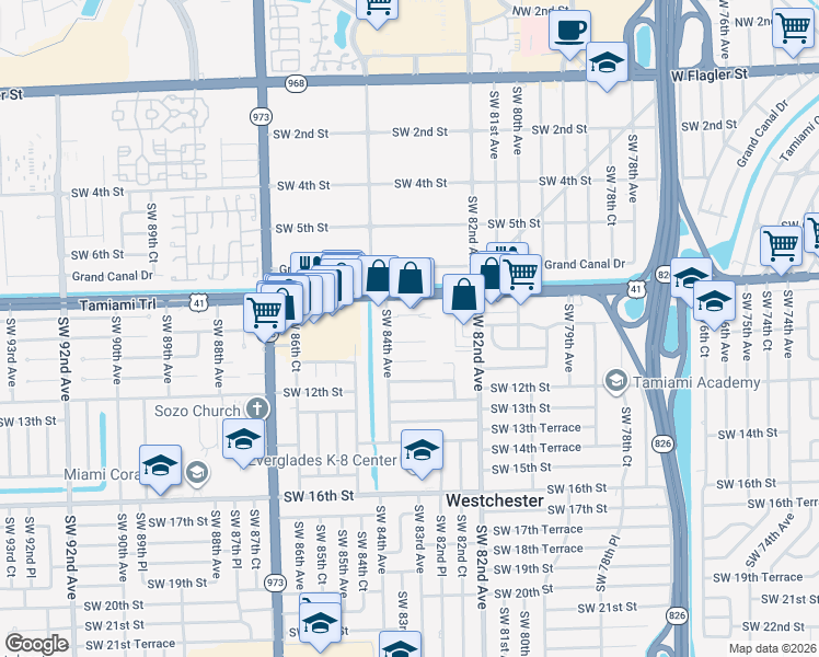 map of restaurants, bars, coffee shops, grocery stores, and more near 995 Southwest 84th Avenue in Miami