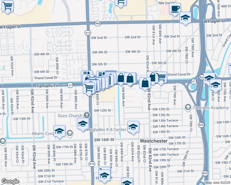 map of restaurants, bars, coffee shops, grocery stores, and more near 8430 Southwest 8th Street in Miami