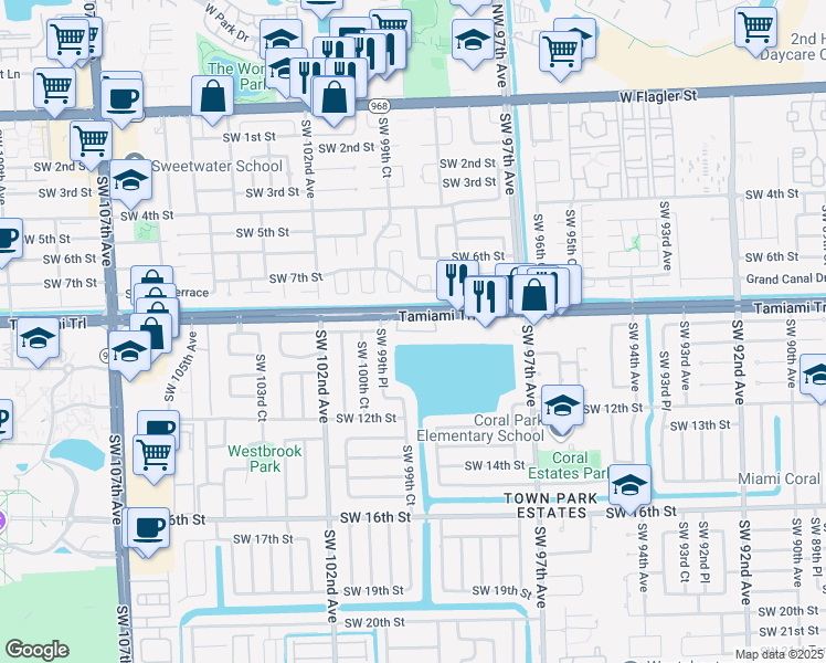 map of restaurants, bars, coffee shops, grocery stores, and more near 9950 Southwest 8th Street in Miami