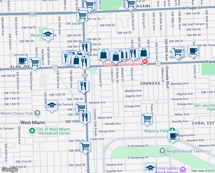 map of restaurants, bars, coffee shops, grocery stores, and more near 1420 San Benito Avenue in Coral Gables