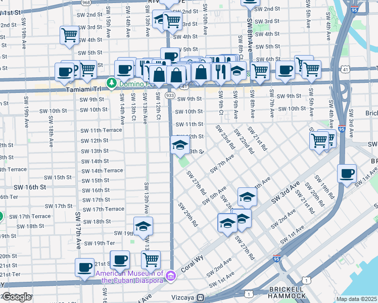 map of restaurants, bars, coffee shops, grocery stores, and more near 1107 Southwest 13th Street in Miami