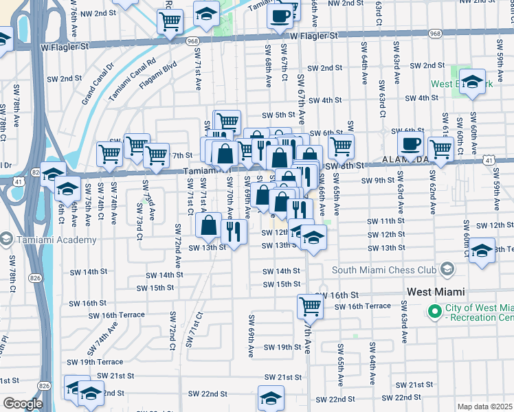 map of restaurants, bars, coffee shops, grocery stores, and more near 960 Southwest 68th Court in Miami