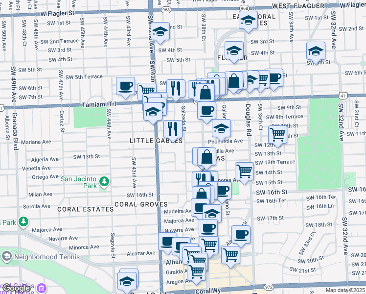 map of restaurants, bars, coffee shops, grocery stores, and more near 234 Phoenetia Avenue in Coral Gables