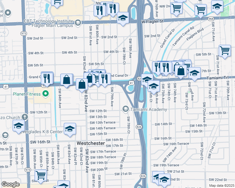 map of restaurants, bars, coffee shops, grocery stores, and more near 930 Southwest 78th Place in Miami