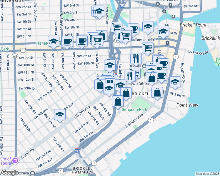 map of restaurants, bars, coffee shops, grocery stores, and more near 1752 Southwest 3rd Avenue in Miami